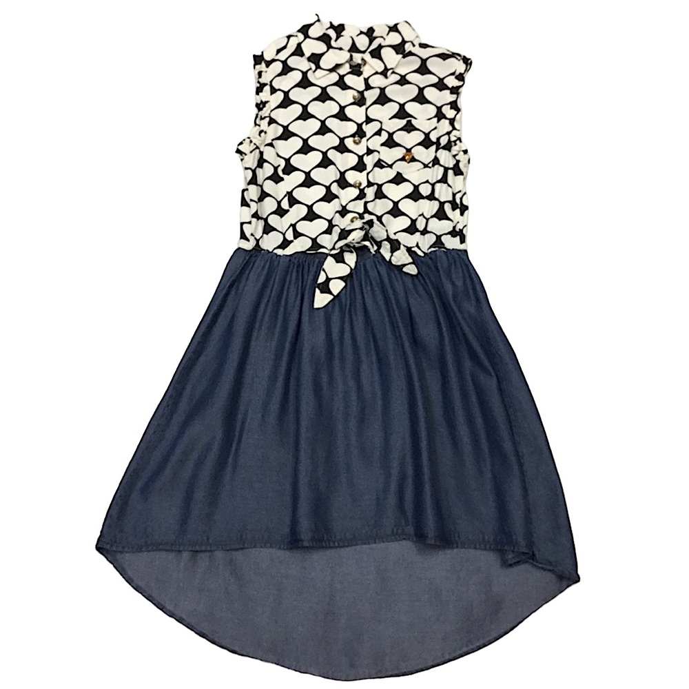 GUESS sz 10-12 Dress Sleeveless Tie Front High Low Hearts Tencil Blue Cream Gold
